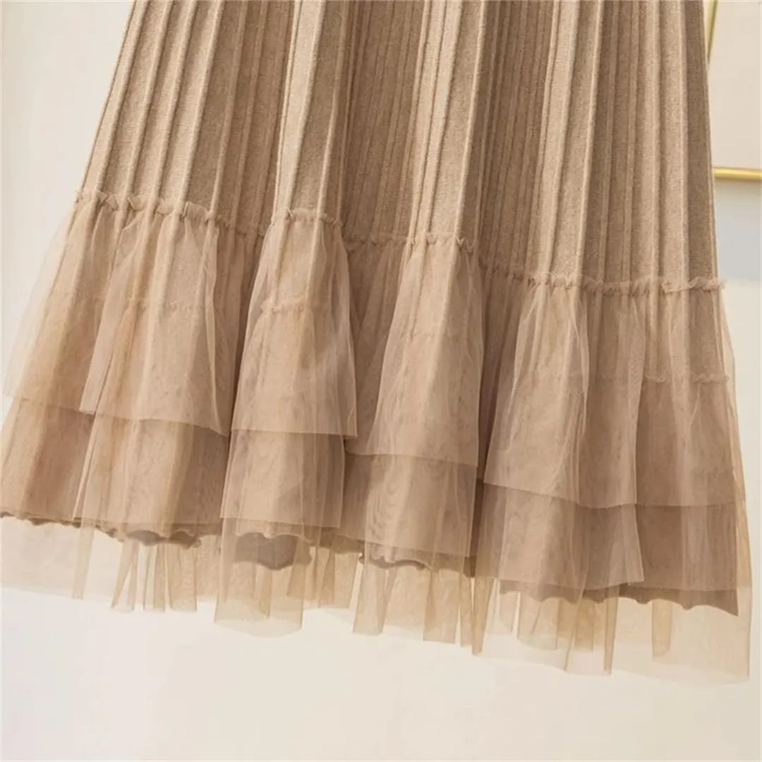 Women's Autumn Winter Tulle Patchwork Knitted A-Line High Waist Pleated Midi Skirt