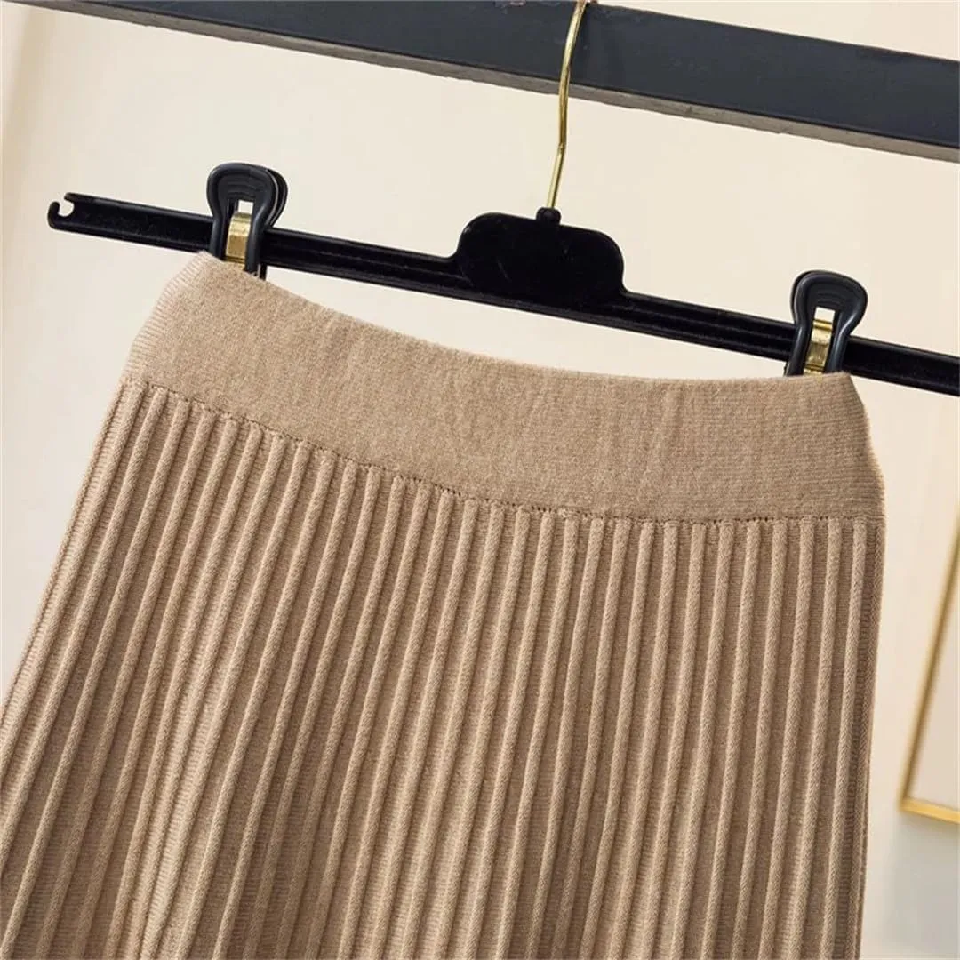 Women's Autumn Winter Tulle Patchwork Knitted A-Line High Waist Pleated Midi Skirt