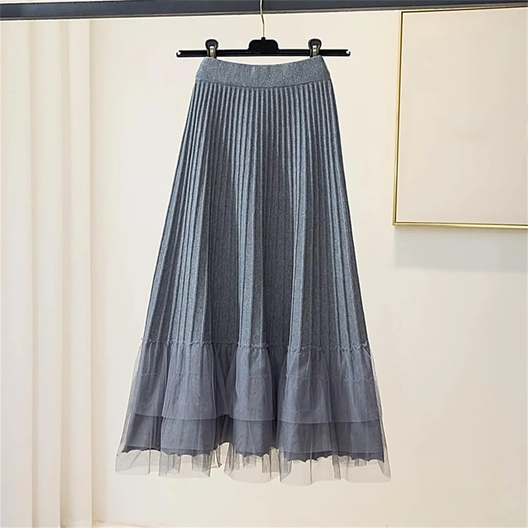 Women's Autumn Winter Tulle Patchwork Knitted A-Line High Waist Pleated Midi Skirt