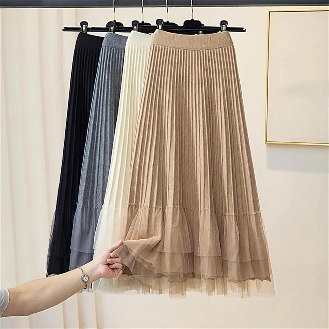 Women's Autumn Winter Tulle Patchwork Knitted A-Line High Waist Pleated Midi Skirt