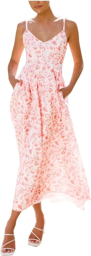 Womens Beach Dresses Bohemian Style Floral Midi Dress Sleeveless V-Neck Pleated A-Line Sling Dress Summer Sundress