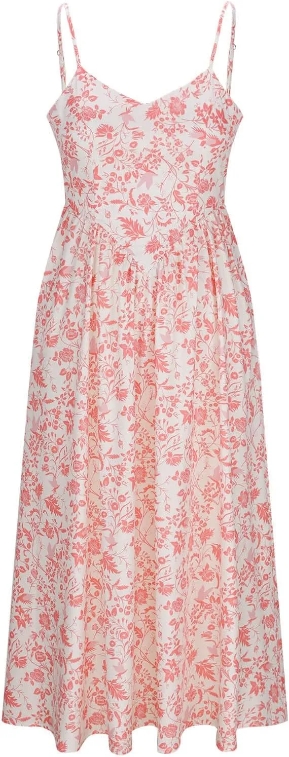 Womens Beach Dresses Bohemian Style Floral Midi Dress Sleeveless V-Neck Pleated A-Line Sling Dress Summer Sundress