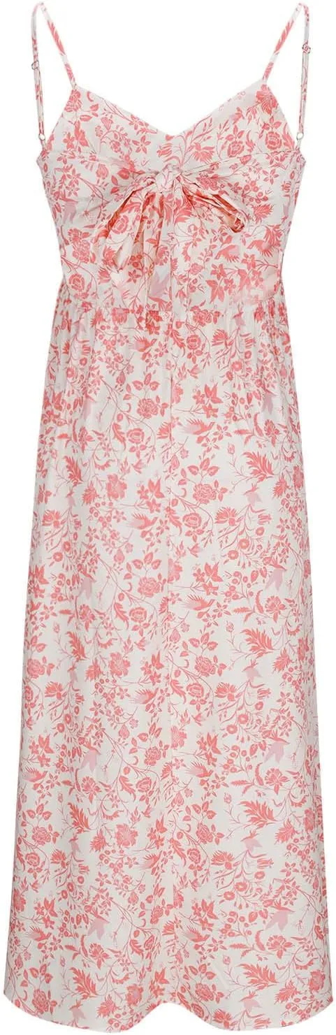 Womens Beach Dresses Bohemian Style Floral Midi Dress Sleeveless V-Neck Pleated A-Line Sling Dress Summer Sundress