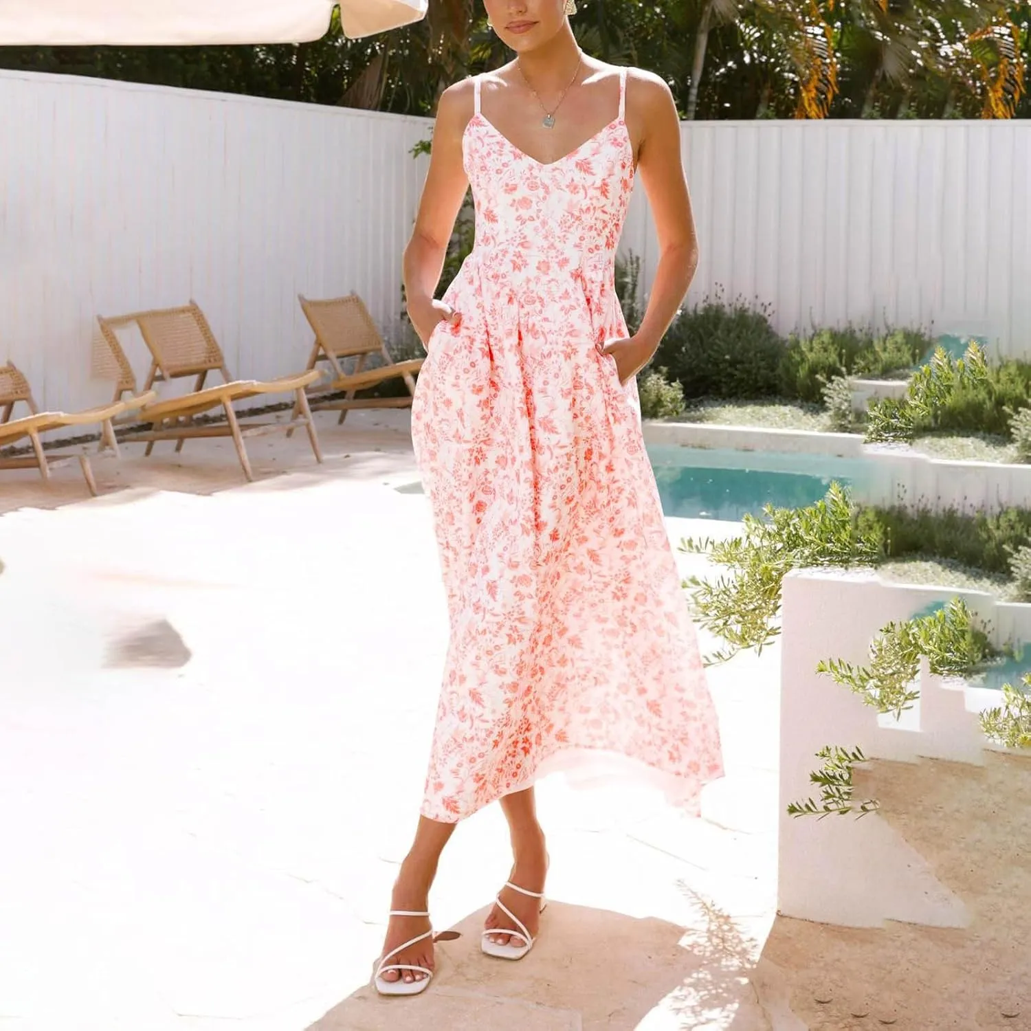 Womens Beach Dresses Bohemian Style Floral Midi Dress Sleeveless V-Neck Pleated A-Line Sling Dress Summer Sundress