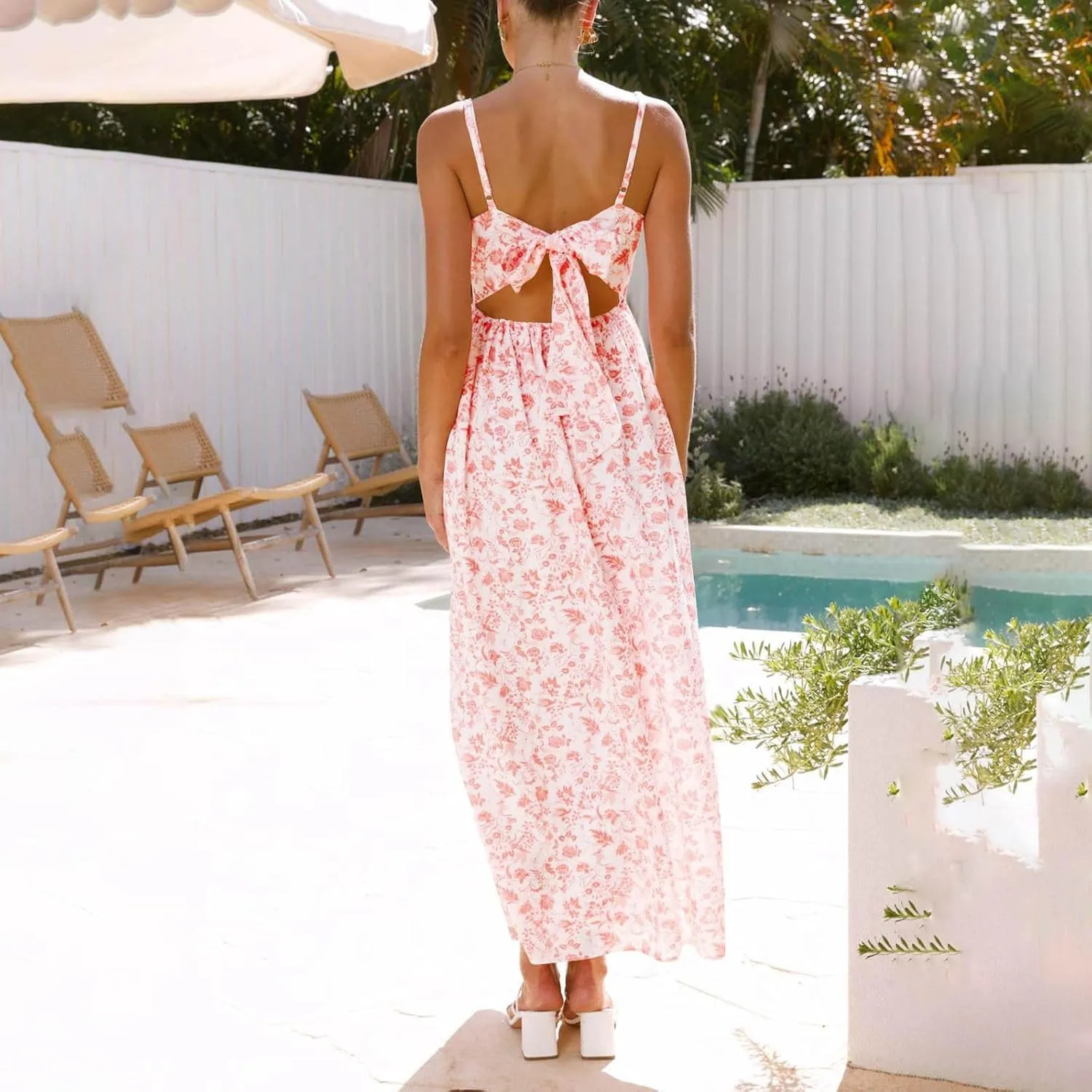 Womens Beach Dresses Bohemian Style Floral Midi Dress Sleeveless V-Neck Pleated A-Line Sling Dress Summer Sundress