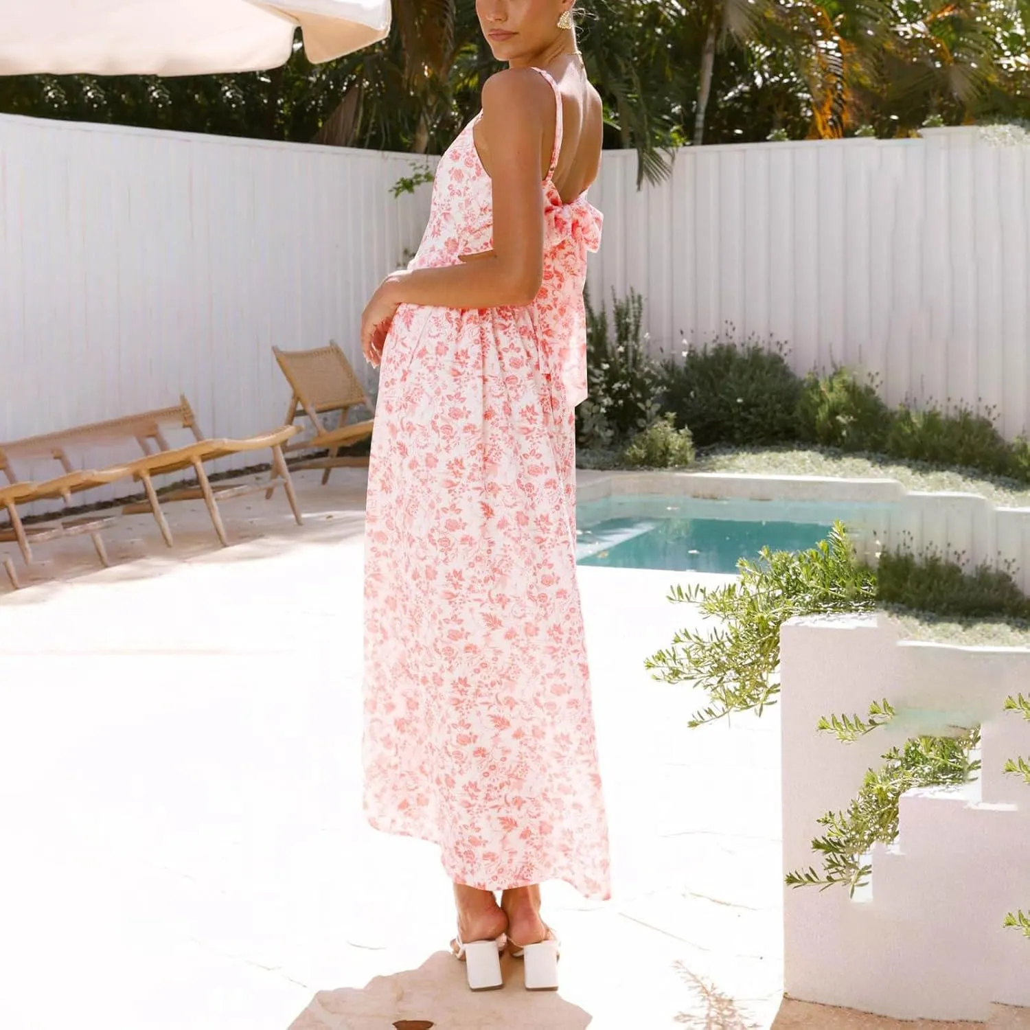 Womens Beach Dresses Bohemian Style Floral Midi Dress Sleeveless V-Neck Pleated A-Line Sling Dress Summer Sundress