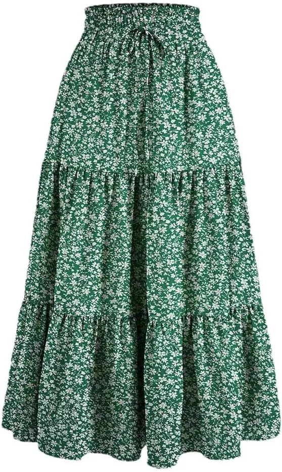 Women's Boho Vintage Floral Print Maxi Skirt Elastic High Waist Pleated Flowy A Line Long Skirts