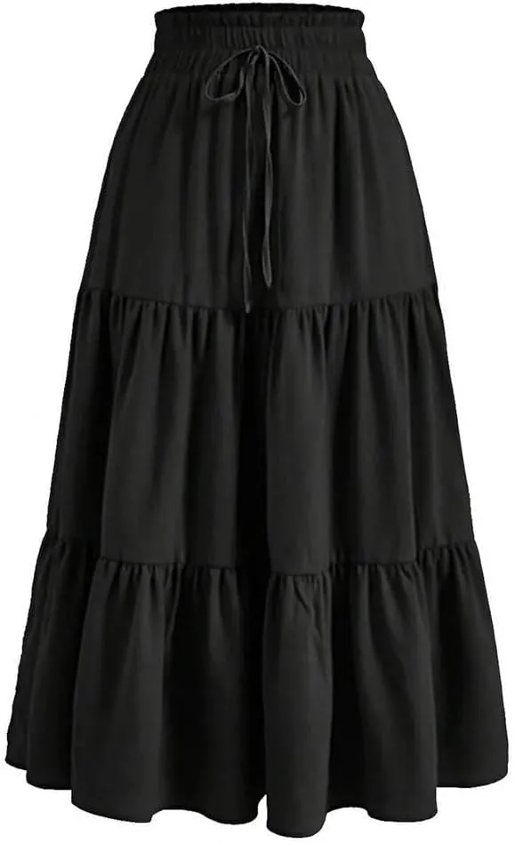 Women's Boho Vintage Floral Print Maxi Skirt Elastic High Waist Pleated Flowy A Line Long Skirts