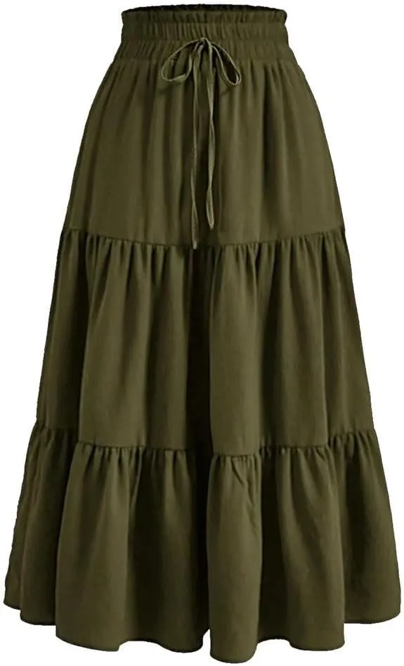 Women's Boho Vintage Floral Print Maxi Skirt Elastic High Waist Pleated Flowy A Line Long Skirts