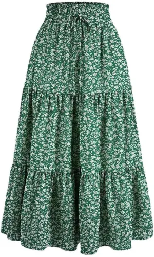 Women's Boho Vintage Floral Print Maxi Skirt Elastic High Waist Pleated Flowy A Line Long Skirts