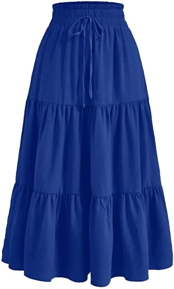 Women's Boho Vintage Floral Print Maxi Skirt Elastic High Waist Pleated Flowy A Line Long Skirts