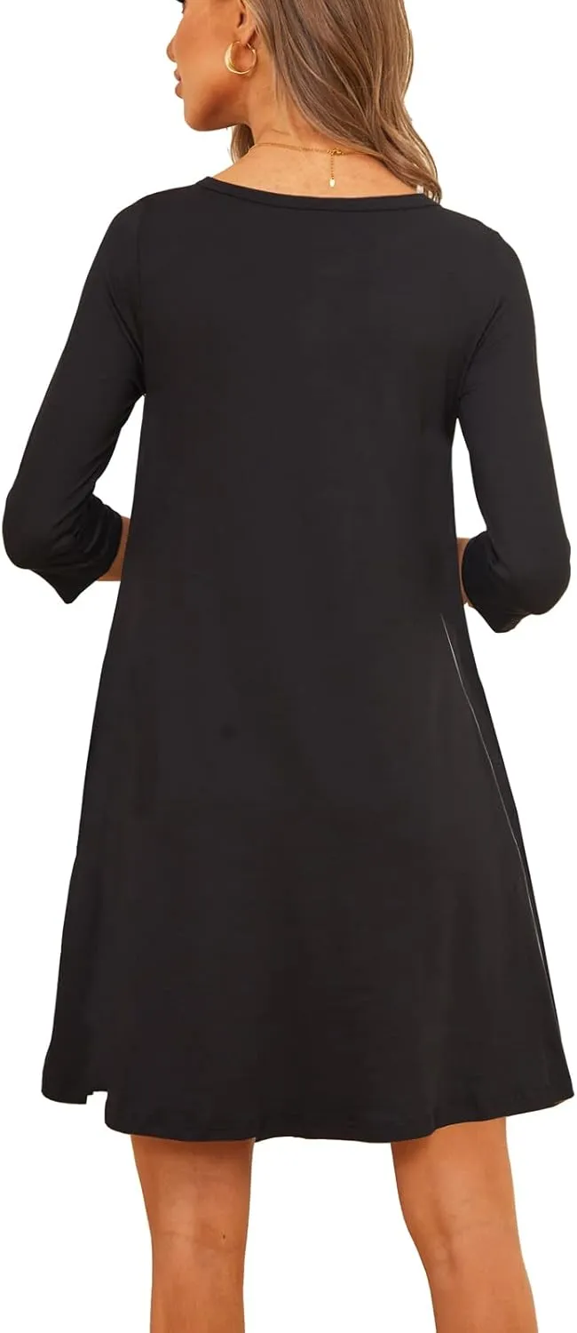 Womens Casual 3/4 Sleeve Dresses Aline Crewneck Spring Tshirt Dress with Pocket