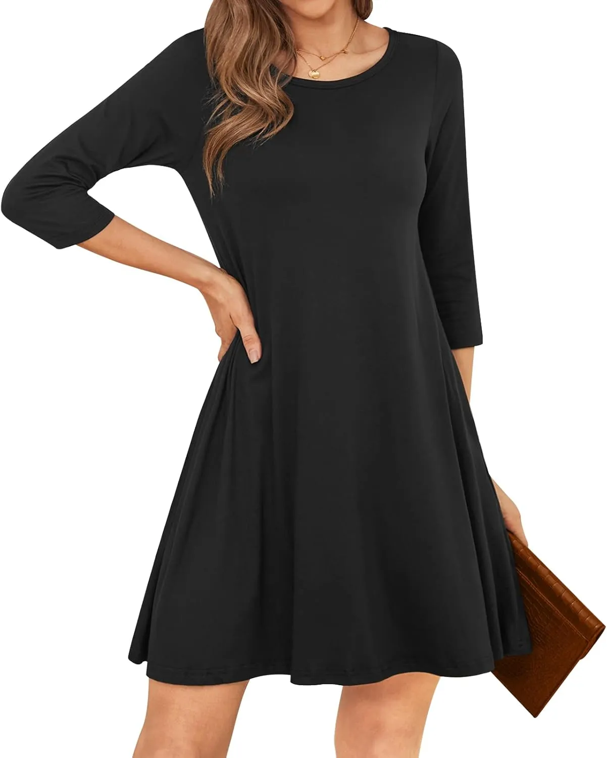 Womens Casual 3/4 Sleeve Dresses Aline Crewneck Spring Tshirt Dress with Pocket