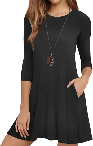 Womens Casual 3/4 Sleeve Dresses Aline Crewneck Spring Tshirt Dress with Pocket
