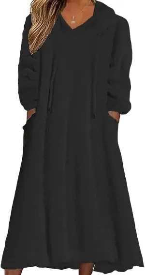 Women's Casual Fluffy Granular Fleece Sherpa Hooded Dress Oversized Plush Fuzzy Pullover Coat with Pockets