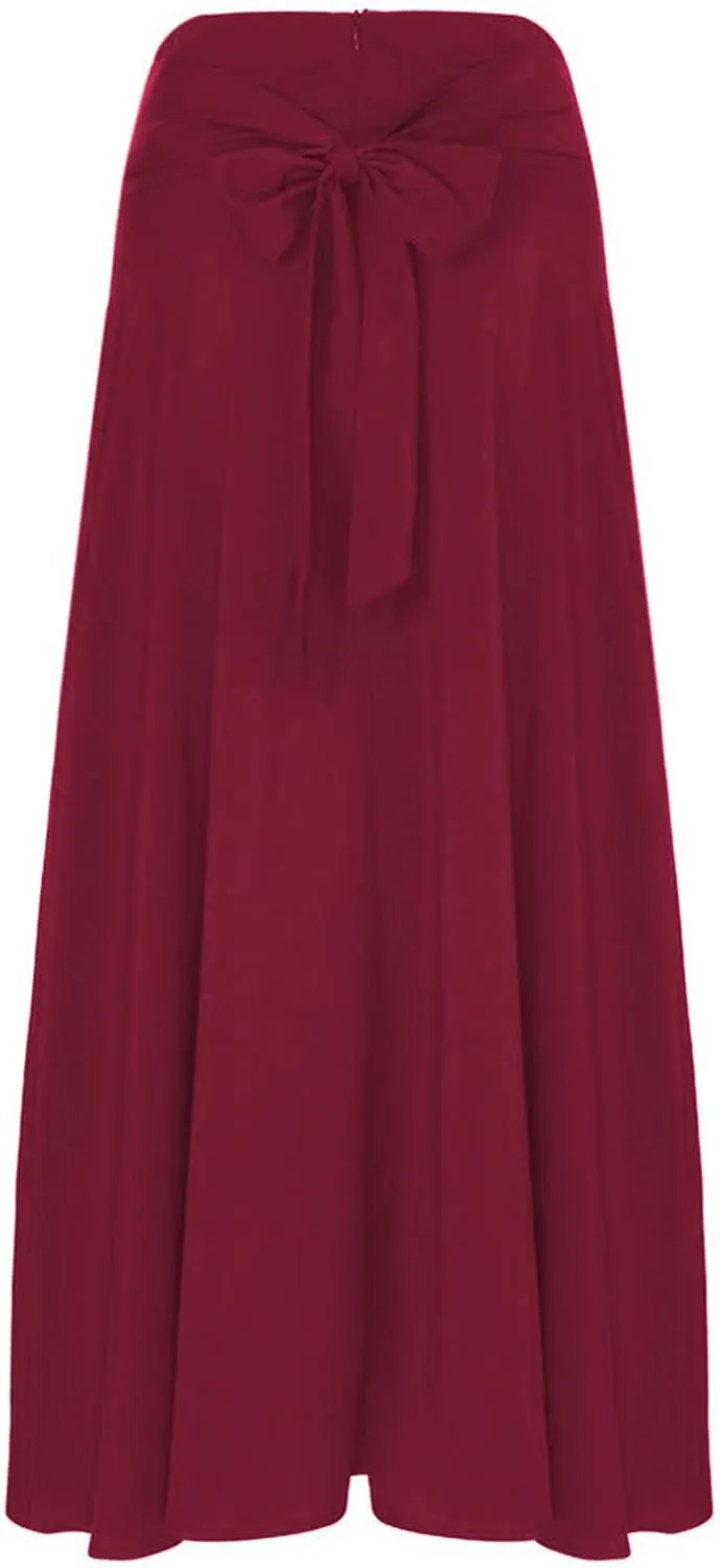 Women's Casual High-Waisted Pleated Maxi Skirt with PocketsSolid Long Vintage Strappy Skirt