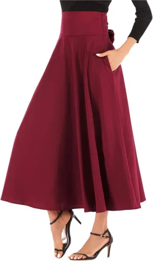 Women's Casual High-Waisted Pleated Maxi Skirt with PocketsSolid Long Vintage Strappy Skirt
