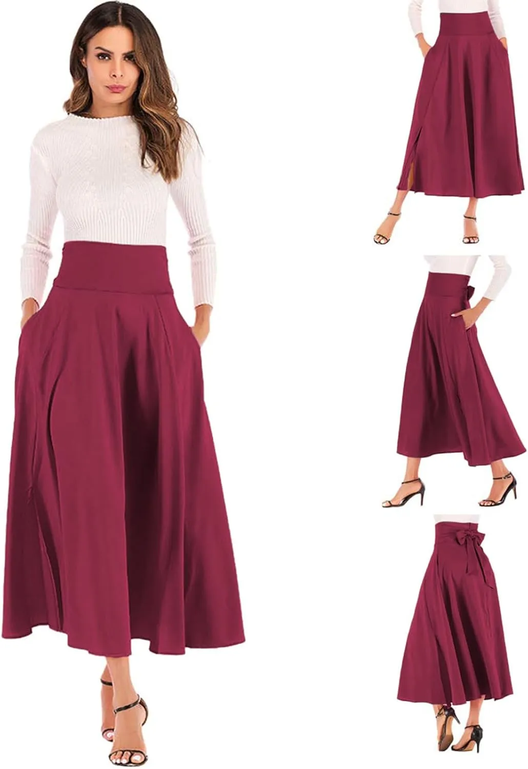 Women's Casual High-Waisted Pleated Maxi Skirt with PocketsSolid Long Vintage Strappy Skirt