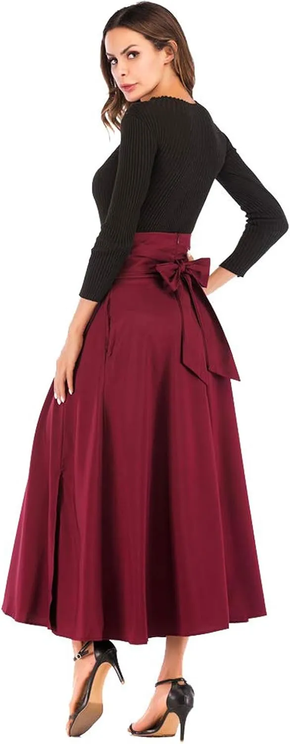 Women's Casual High-Waisted Pleated Maxi Skirt with PocketsSolid Long Vintage Strappy Skirt