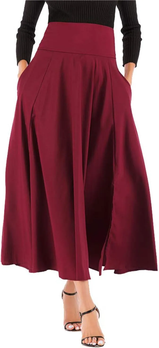 Women's Casual High-Waisted Pleated Maxi Skirt with PocketsSolid Long Vintage Strappy Skirt