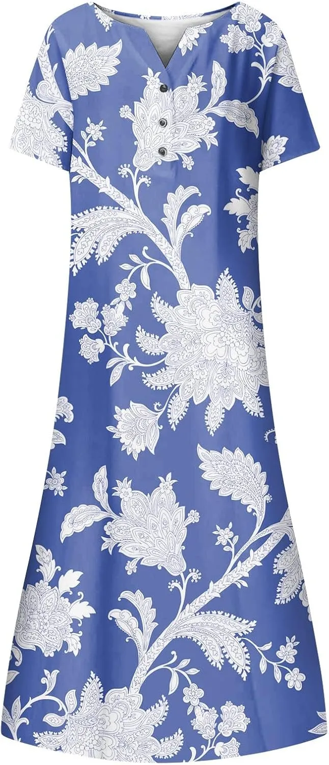 Womens Casual Printed Dresses V Neck Fashion Short Sleeve 2025 Sexy Swing Summer Dressy Daily Party Dress