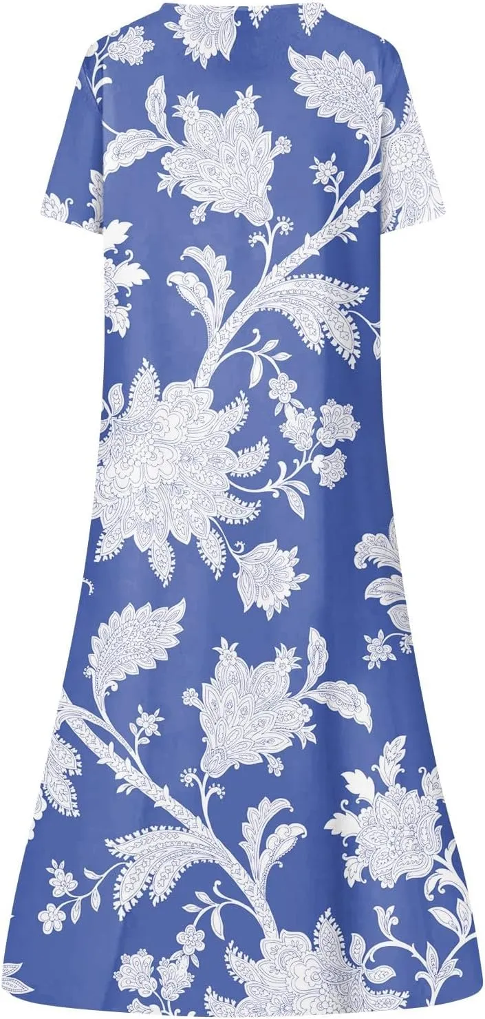 Womens Casual Printed Dresses V Neck Fashion Short Sleeve 2025 Sexy Swing Summer Dressy Daily Party Dress