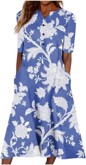 Womens Casual Printed Dresses V Neck Fashion Short Sleeve 2025 Sexy Swing Summer Dressy Daily Party Dress
