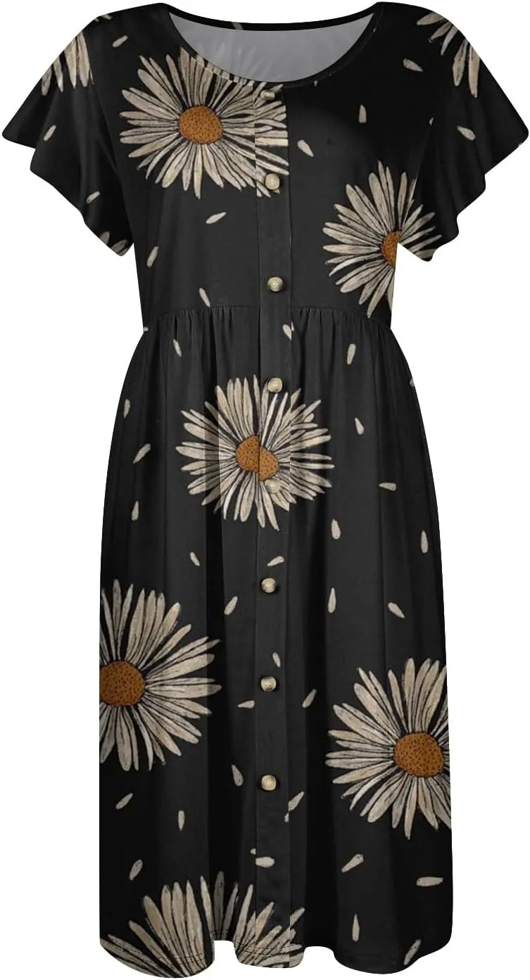 Womens Casual Round Neck 2025 Dresses Fly Sleeve Fashion Printed Sexy Button Pocket Summer Midi Slim Party Dress