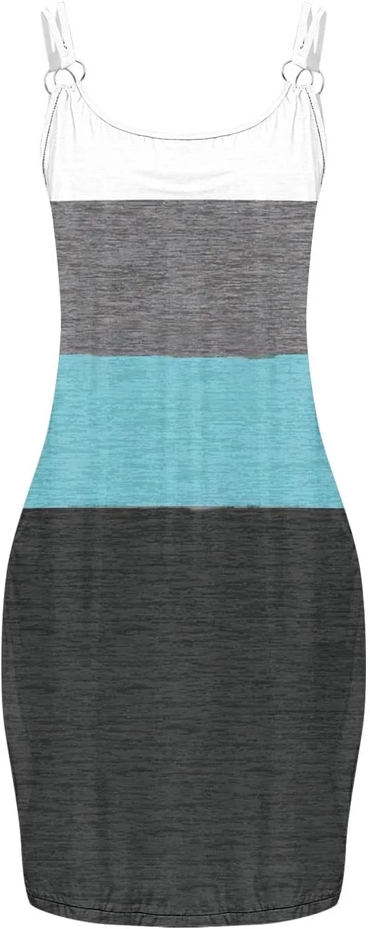 Womens Color Block Mini Dress Sexy Spaghetti Strap Beach Sundress with Pockets Summer Casual Sleeveless Tank Dresses