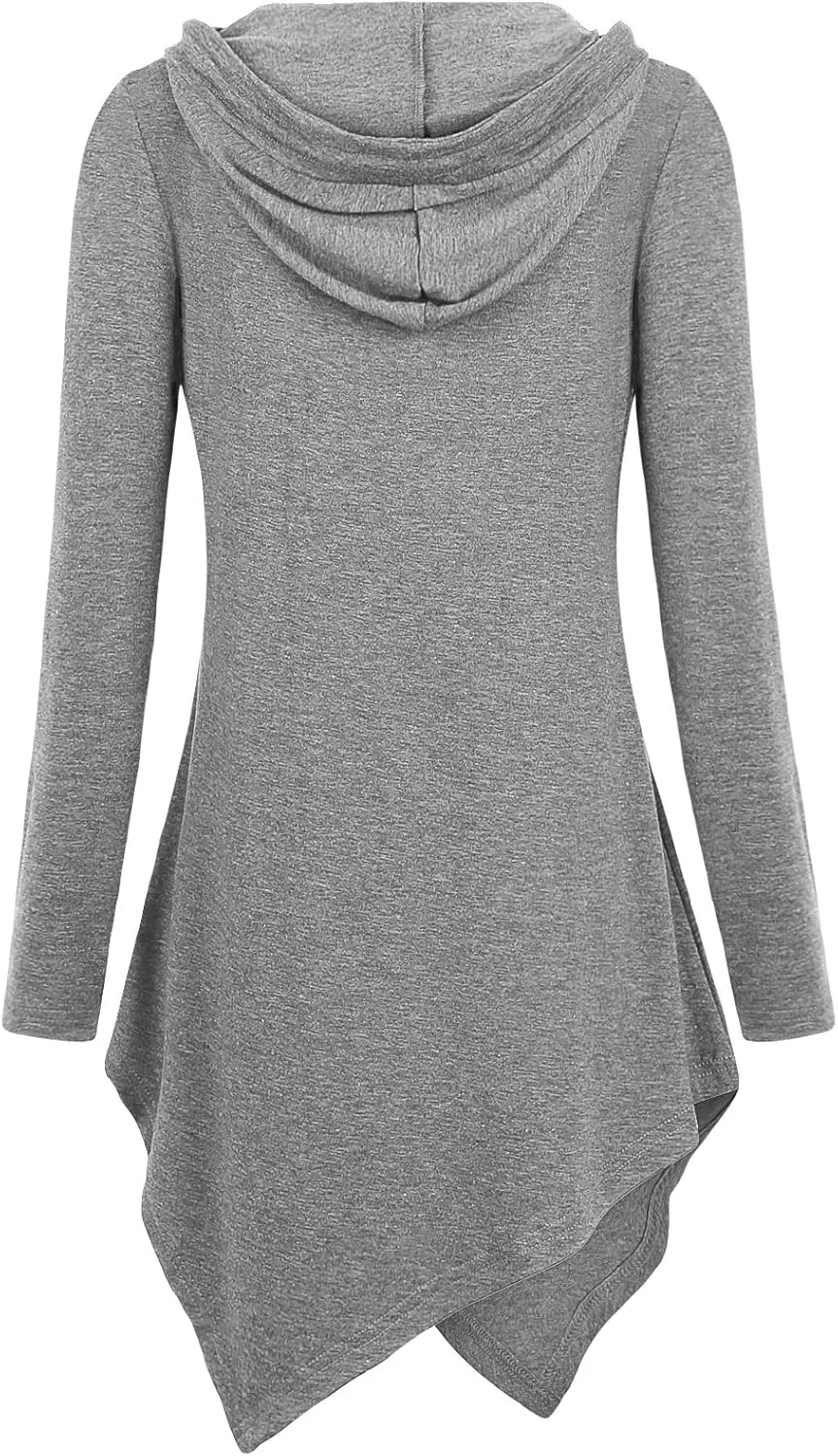 Womens Cross Neck Uneven Hemline Hoody Long Sleeve Loose Flare Tunic Henley