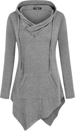 Womens Cross Neck Uneven Hemline Hoody Long Sleeve Loose Flare Tunic Henley