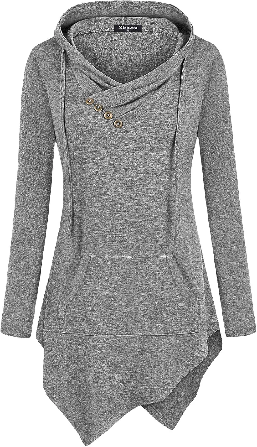 Womens Cross Neck Uneven Hemline Hoody Long Sleeve Loose Flare Tunic Henley