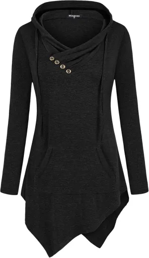 Womens Cross Neck Uneven Hemline Hoody Long Sleeve Loose Flare Tunic Henley