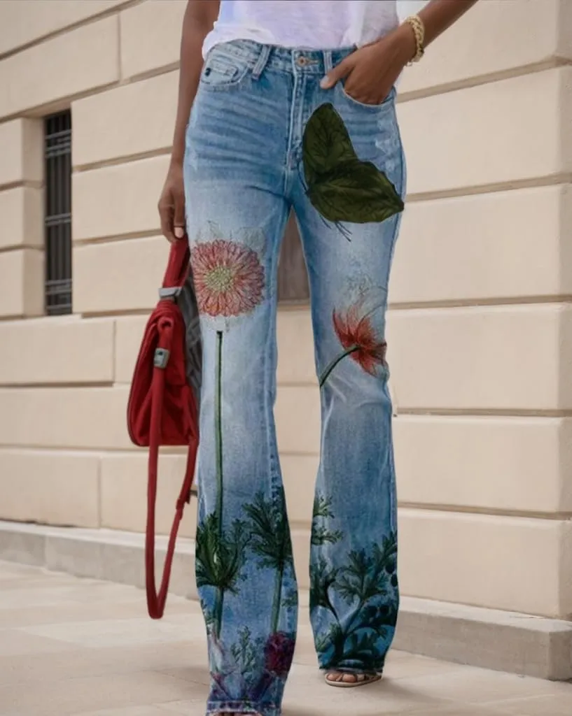 Womens Denim Printed Floral Graphic Elastic Waist Palazzo Pants Casual Loose Wide Leg Zipper Trousers with 2 Pockets