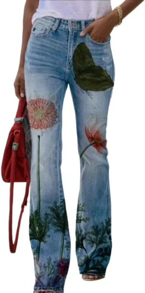 Womens Denim Printed Floral Graphic Elastic Waist Palazzo Pants Casual Loose Wide Leg Zipper Trousers with 2 Pockets