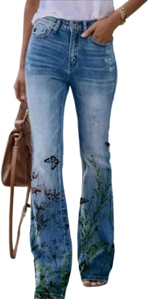 Womens Denim Printed Floral Graphic Elastic Waist Palazzo Pants Casual Loose Wide Leg Zipper Trousers with 2 Pockets