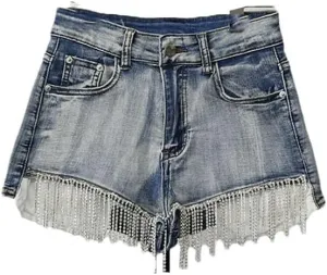 Women's Denim Shorts High Waist Stretch Solid Color Diamonds Chains Tassel Short Pants