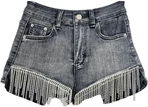 Women's Denim Shorts High Waist Stretch Solid Color Diamonds Chains Tassel Short Pants