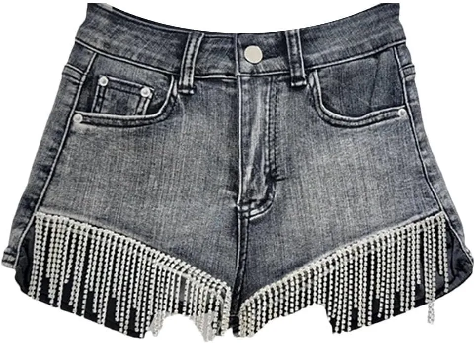 Women's Denim Shorts High Waist Stretch Solid Color Diamonds Chains Tassel Short Pants