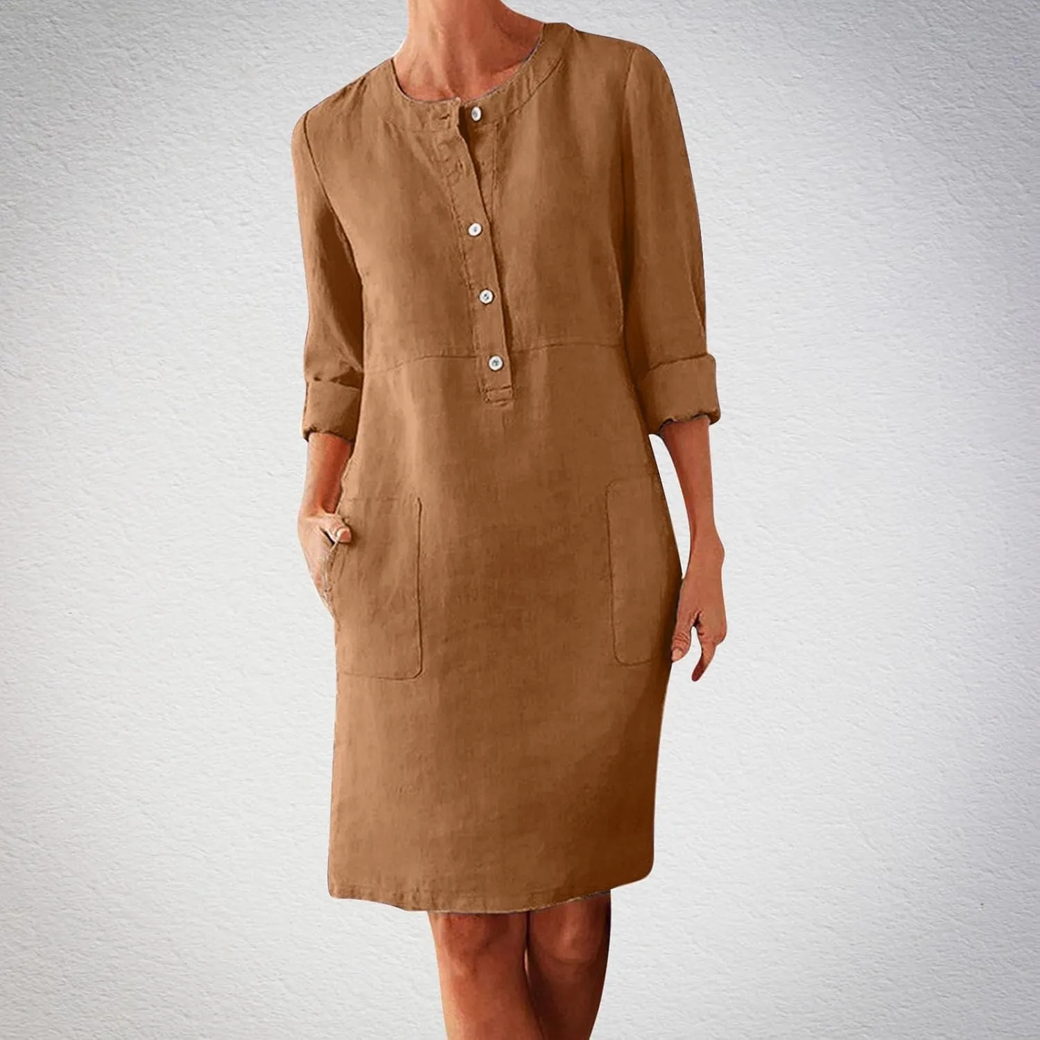 Womens Dresses Cotton Linen Long Sleeve Tshirt Dress Plus Size Knee Length Tunic Dress Button Fall Dress with Pocket