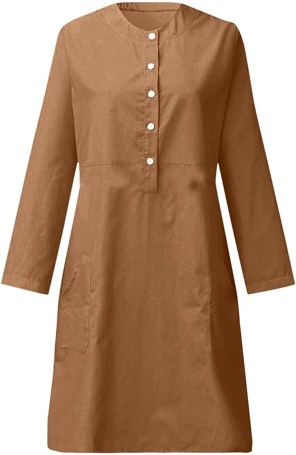 Womens Dresses Cotton Linen Long Sleeve Tshirt Dress Plus Size Knee Length Tunic Dress Button Fall Dress with Pocket