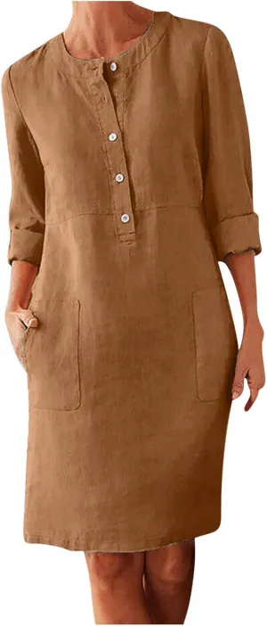 Womens Dresses Cotton Linen Long Sleeve Tshirt Dress Plus Size Knee Length Tunic Dress Button Fall Dress with Pocket
