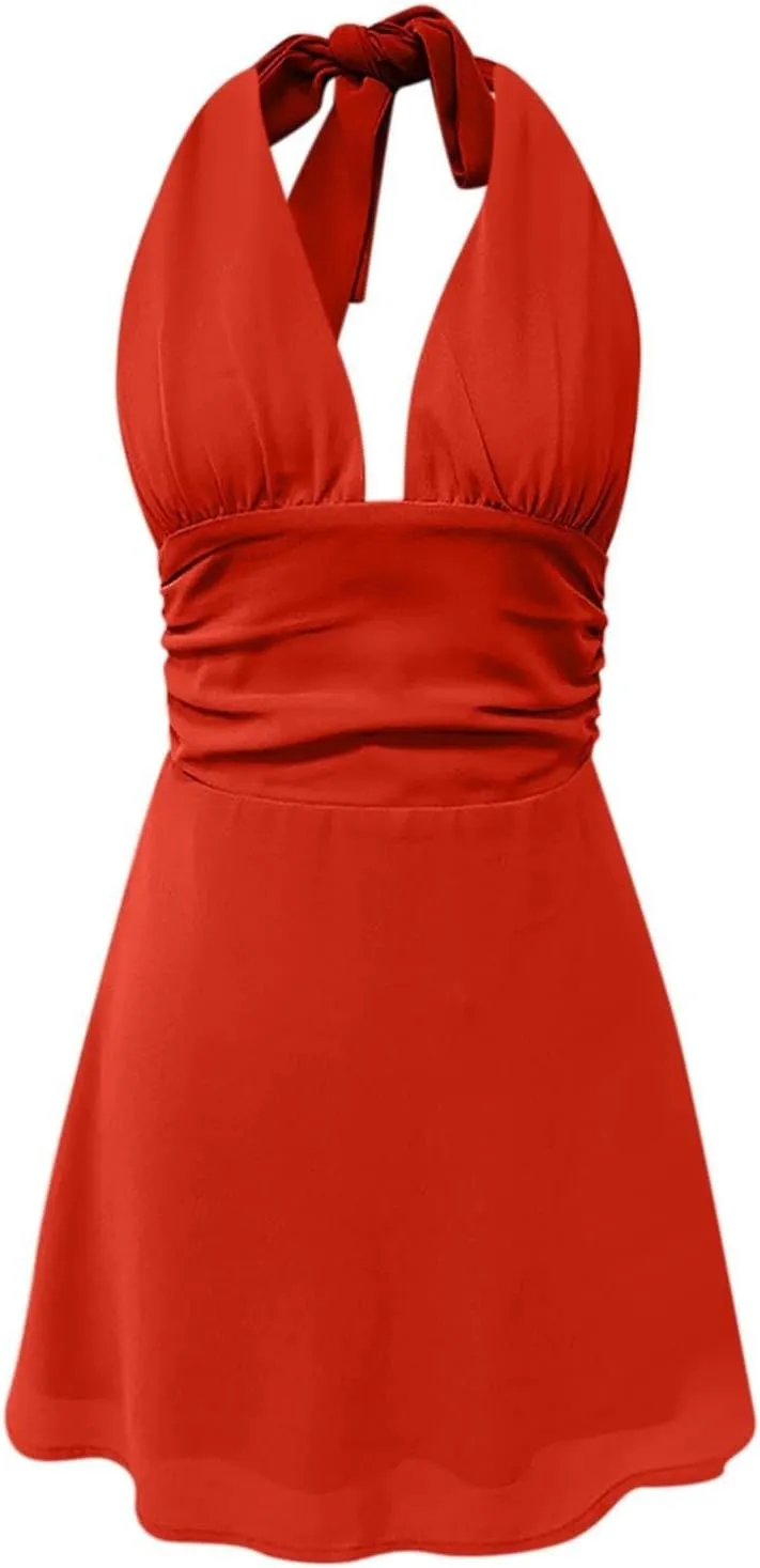 Womens Dresses Deep V Mini Dress Bow Tie Sleeveless Backless Ruched Flowy Wrap Ruffle Hem Summer Bodycon