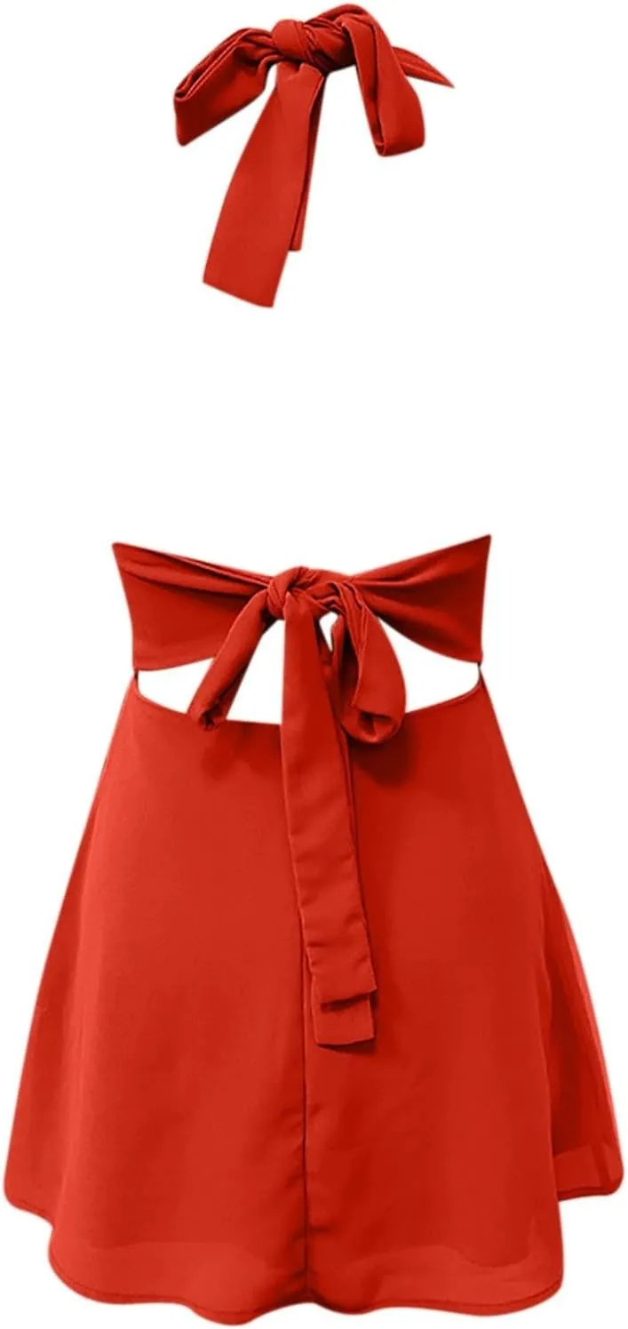 Womens Dresses Deep V Mini Dress Bow Tie Sleeveless Backless Ruched Flowy Wrap Ruffle Hem Summer Bodycon