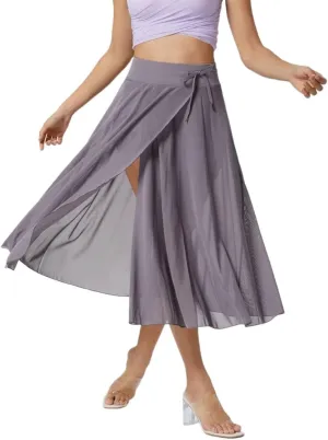 Women's Fashion Sheer Mesh Skirt Front Slit Knee Length A Line Flowy Prom Midi Skirt
