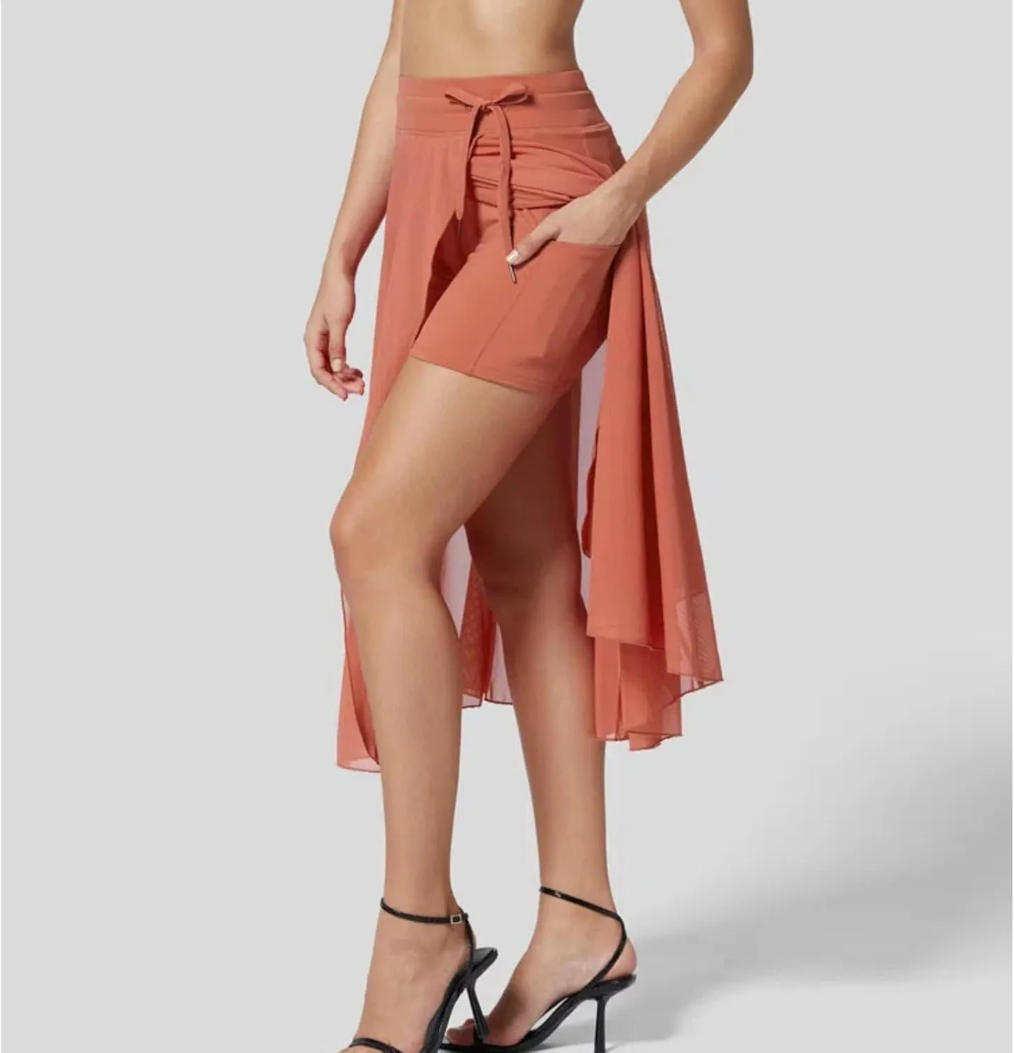 Women's Fashion Sheer Mesh Skirt Front Slit Knee Length A Line Flowy Prom Midi Skirt