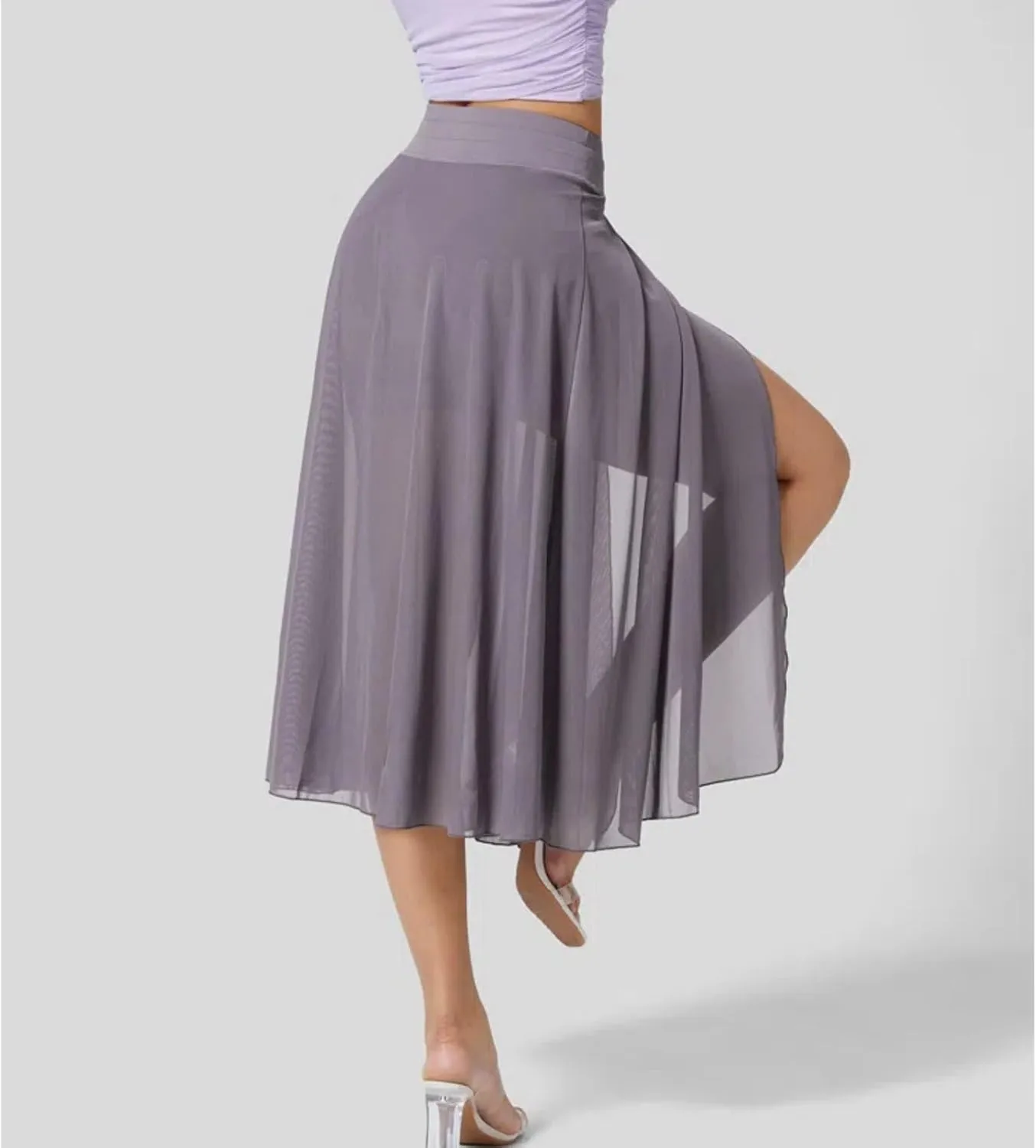 Women's Fashion Sheer Mesh Skirt Front Slit Knee Length A Line Flowy Prom Midi Skirt