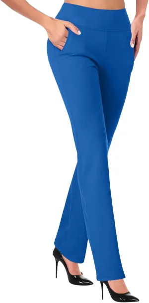 Women's Flared Business Casual Work Dress Pants with Pockets High Waist Stretch Trousers Pull-On Office Pant