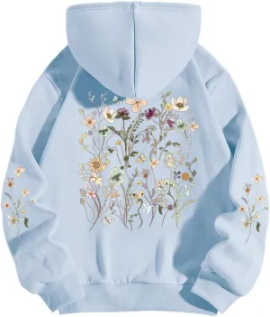 Women's Floral Printed Hoodies Vintage Aesthetic Flower Graphic Sweatshirt Cute Boho Fleece Thermal Hoodie Pullover