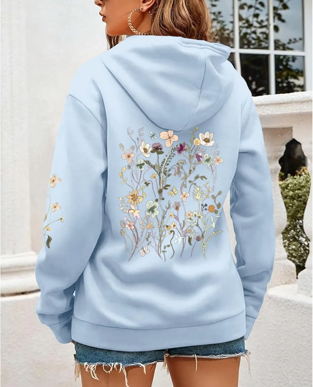 Women's Floral Printed Hoodies Vintage Aesthetic Flower Graphic Sweatshirt Cute Boho Fleece Thermal Hoodie Pullover